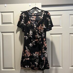 floral wrap dress L black with coral flowers